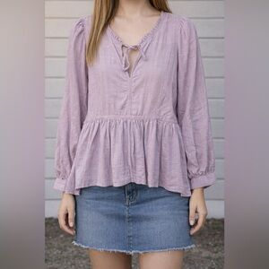Easel Lavender Peplum Tie-Neck Top- S